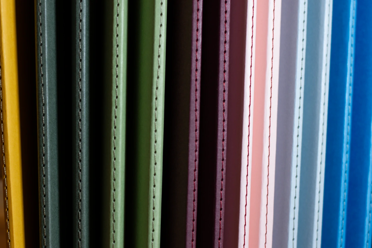 Carnets faits main à l'atelier Forme contre forme avec une reliure Singer et des couvertures colorées en vues de dos.
