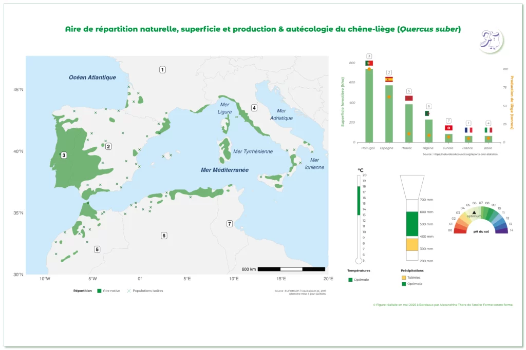 Figure montrant l'aire de répartition naturelle, superficie, production et autécologie du chêne-liège. Figure montrant l'aire de répartition naturelle, superficie, production et autécologie du chêne-liège.
