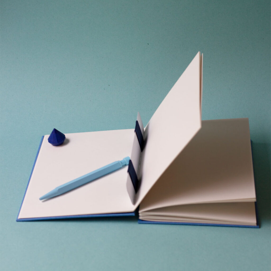 Carnet ouvert avec une reliure australienne à charnière piano inversée, style plat, montrant la charnière intérieure et le gond plat qui maintient les cahiers.