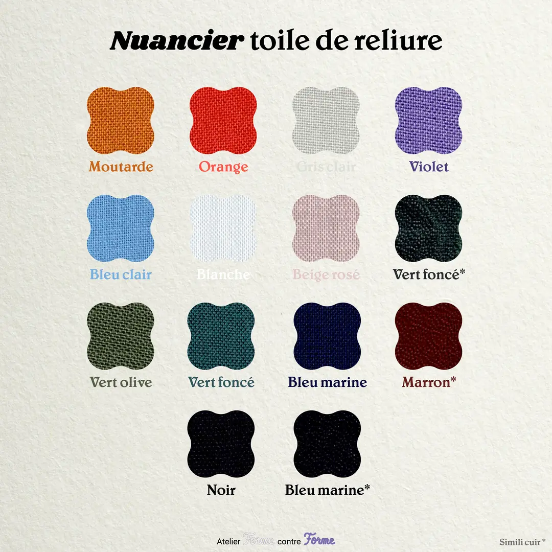 Nuancier toile de reliure de l'atelier Forme contre forme.