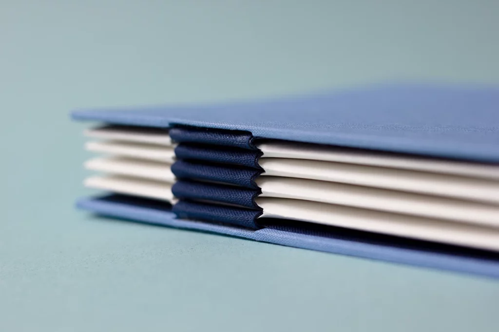 Zoom sur la charnière en accordéon bleu marine.