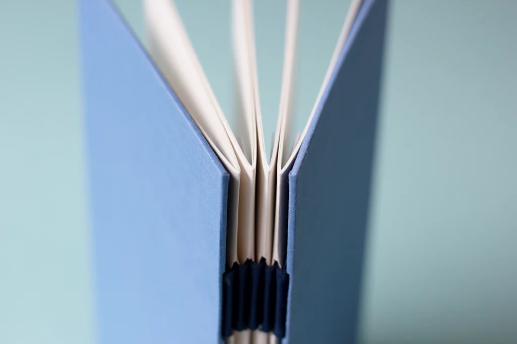 Zoom sur le haut du dos du carnet, positionné à la verticale, montrant les cahiers entrouverts.