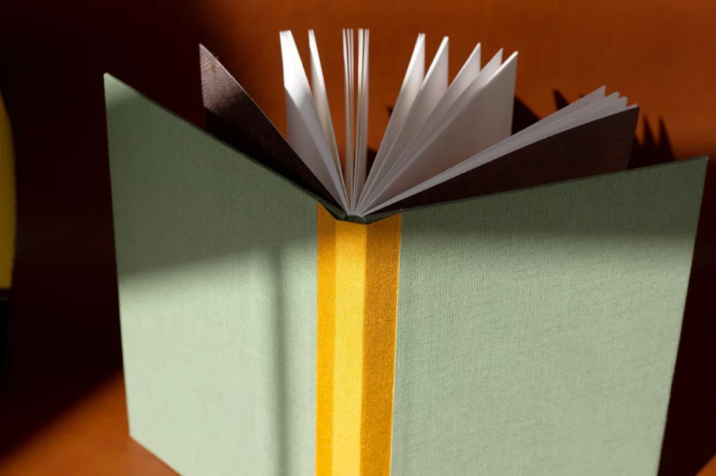 Vue des plats du carnet, reliure Sewn Boards Binding (Gary Frost), toile du Marais vert olive et moutarde — Atelier Forme contre forme, Bordeaux — ouvert, vue de dessus.