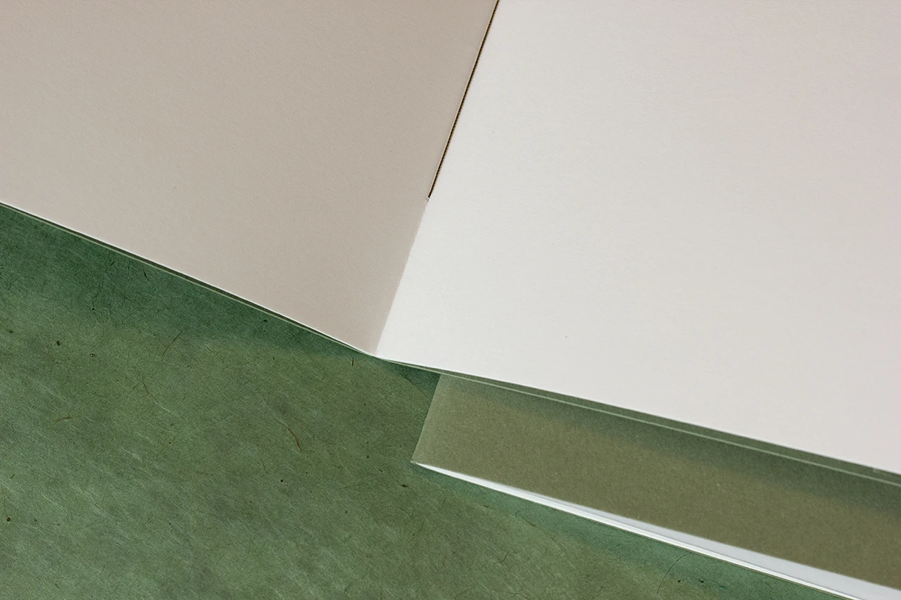 Vue intérieure de carnets à couverture verte avec reliure écolière — Atelier Forme contre forme, Bordeaux.