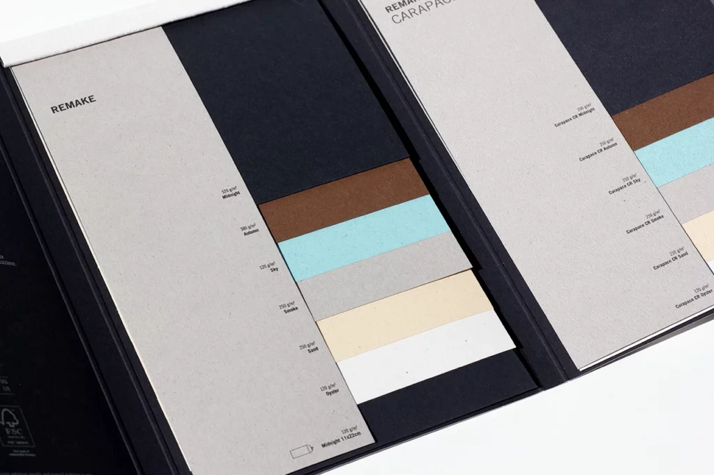 Nuancier de papier de création de la gamme Remake de chez Favini, fabriqué à partir de résidus de cuir
