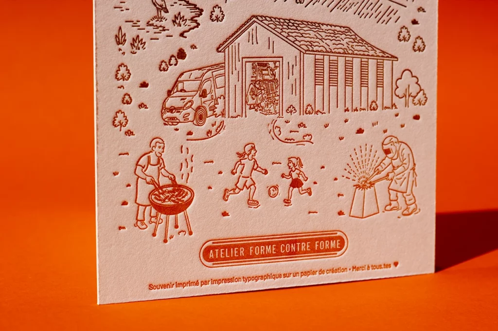 Carte illustrée de style cartographie fantasy imprimée en letterpress sur papier Gmund Cotton Max White 600 g/m², avec une fontaine de couleurs — Atelier Forme contre forme, Bordeaux.