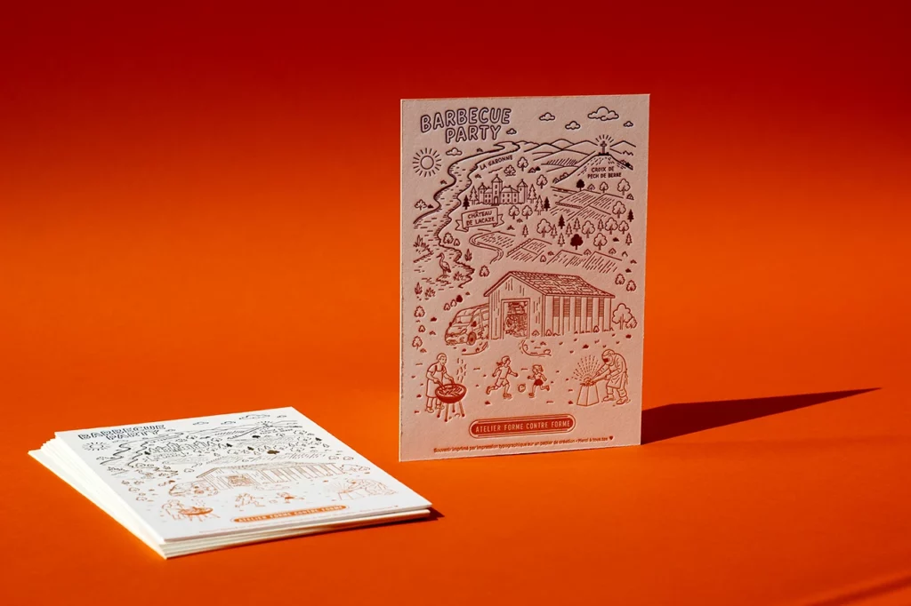 Carte illustrée imprimée en letterpress avec une fontaine de couleurs sur papier Gmund Cotton Max White 600 g/m² — Atelier Forme contre forme, Bordeaux.