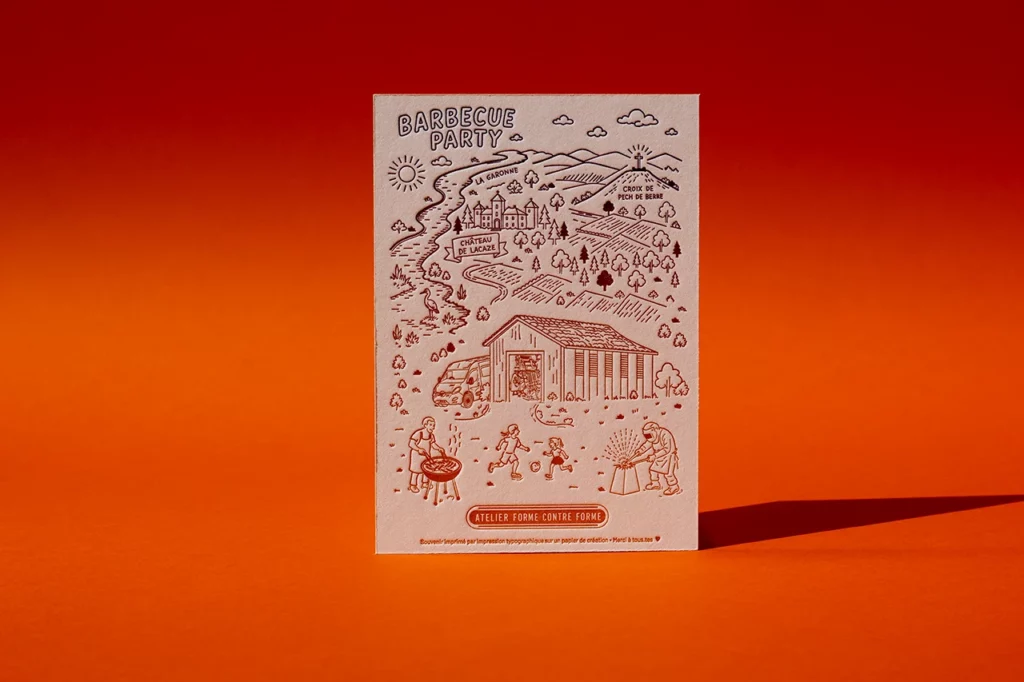 Carte illustrée pour un moment de vie en impression typographique (letterpress), avec une fontaine de couleurs sur papier Gmund Cotton Max White 600 g/m² — Atelier Forme contre forme, Bordeaux.