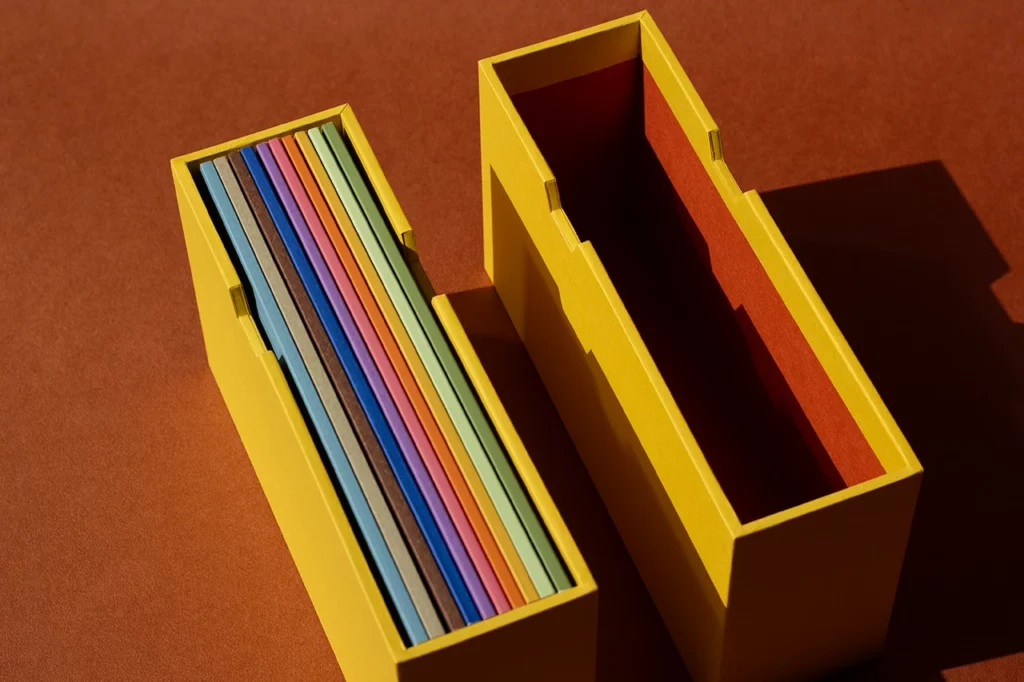Deux fourreaux rigides sur mesure avec encoches « coup de pouce », papier Fedrigoni Materica Terra Gialla et Terra Rossa — Atelier Forme contre forme, Bordeaux.
