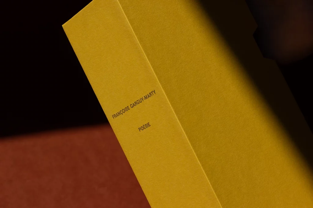 Zoom sur la dorure à chaud d'un fourreau rigide sur mesure (slipcase) réalisé pour dix livres de poésie des éditions Allegria — Atelier Forme contre forme, Bordeaux.