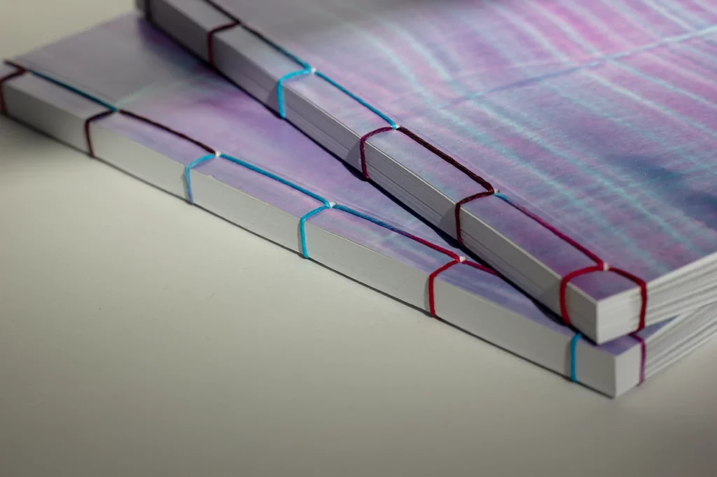 Reliure japonaise d’un livre d’artiste de Damien Auriault avec des fils de lin ciré teints sur mesure en écho à la couverture — Atelier Forme contre forme, Bordeaux.